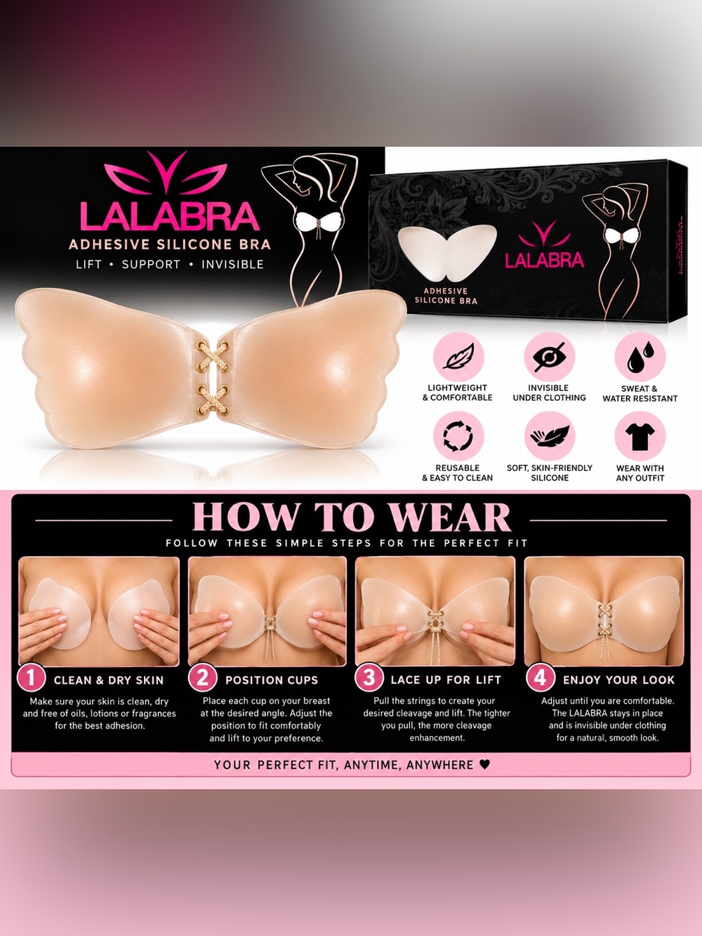 LALABRA ADHESIVE SILICONE BRA – NUDE SIZE C (NEW WITH TAGS) A31